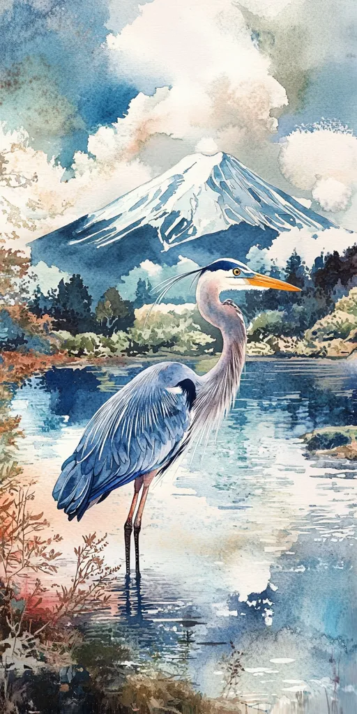 A watercolor painting depicts a heron standing in a lake with a mountain in the background.  The heron is blue-grey with a long, thin beak.  The water is a light blue color and reflects the clouds in the sky.  The mountain is snow-capped and appears to be Mount Fuji. The painting has a peaceful and serene atmosphere.