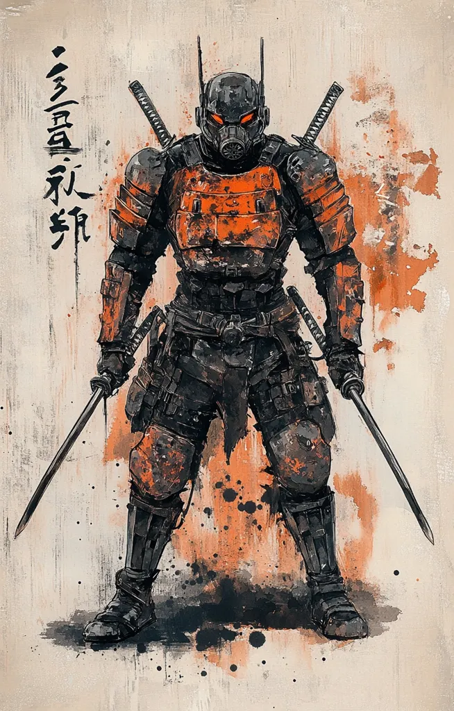 The image depicts a samurai warrior clad in black and orange armor, holding two swords. The warrior's face is obscured by a helmet with glowing red eyes. The background is a simple watercolor wash of orange and black, which gives the image a feeling of both power and mystery. The image is a powerful representation of a warrior ready for battle.  The Japanese calligraphy on the left side of the image adds to the traditional and powerful feel.