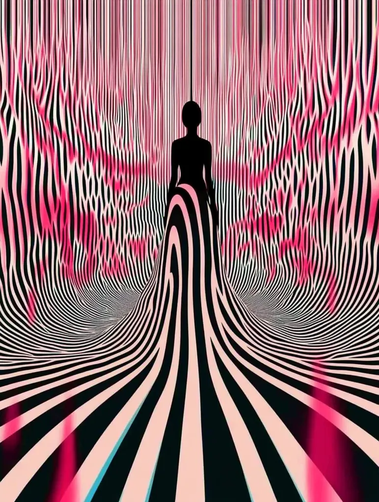 The image depicts a black silhouette of a person in a dress standing within a swirling, psychedelic background. The background features black and white stripes that create a sense of movement and depth, with pink and blue hues adding to the surreal atmosphere. The overall effect is a mesmerizing and abstract representation of a person within a dreamlike environment.