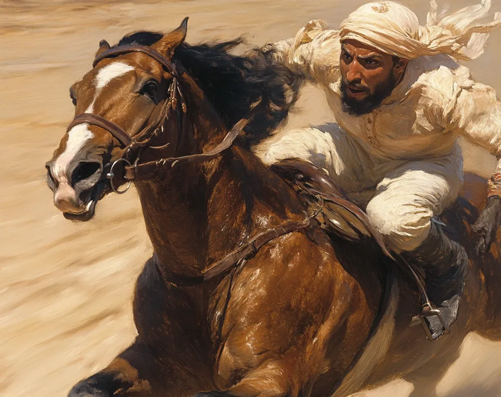 A brown horse with a white blaze on its face gallops across a sandy landscape. The rider, a man wearing a white robe and a white turban, leans forward as he urges the horse on. The painting captures the energy and excitement of a horse race. The man's determined expression and the horse's powerful stride suggest a sense of speed and urgency. The warm tones of the painting create a sense of movement and heat. The blurred background further emphasizes the speed of the horse. The painting is a dynamic representation of a timeless scene.