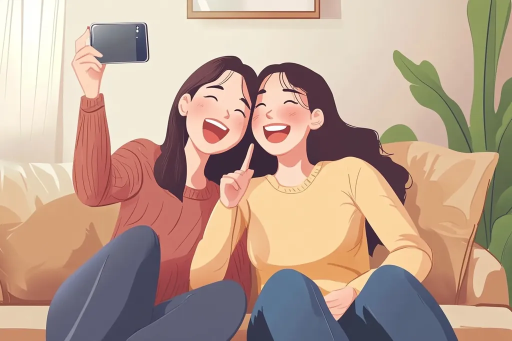 Two young women are sitting on a couch, laughing and taking a selfie with a smartphone. The woman on the left is wearing a red sweater and blue jeans, while the woman on the right is wearing a yellow sweater and blue jeans. They are both smiling brightly, and their eyes are sparkling with joy. The image conveys a sense of friendship, happiness, and carefree fun.