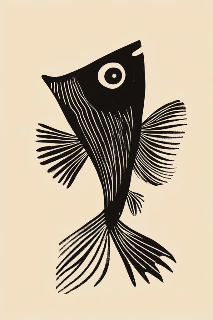 The image is a black and white illustration of a fish. The fish is facing upwards, and its body is made up of a series of parallel lines. It has a large, round eye, and its tail is long and flowing. The fish is set against a light beige background.  The overall style of the image is simple and abstract.  The fish is stylized and simplified, and the lines are bold and graphic.  The image is a simple and effective representation of a fish.