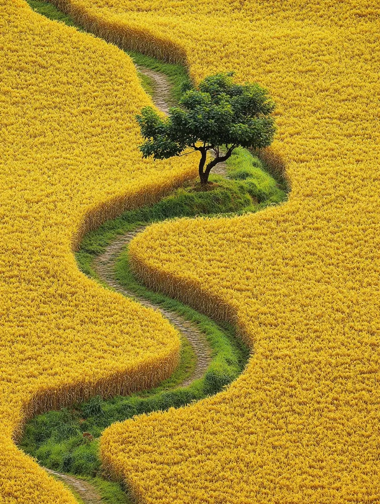A winding path snakes through a field of golden rice.  The path is edged with lush green grass, and a single tree stands in the middle of a green patch. The field stretches out in a vast expanse, with the path leading the eye towards the horizon. The image captures a serene and picturesque scene, highlighting the beauty of nature's simple forms.