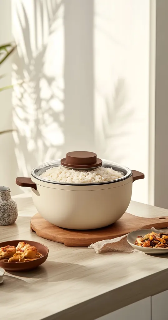 A white rice cooker with a brown lid sits on a wooden cutting board. The cooker is filled with cooked rice.  Two small plates with food are on the table, one with cooked chicken and another with sauteed vegetables. The background is a light-colored kitchen counter with the shadow of a window or blinds. The scene is a minimalist kitchen setting with a focus on clean lines and neutral colors.