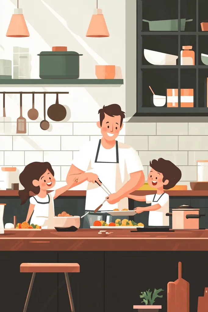 A family is cooking together in a kitchen. A father in an apron uses tongs to prepare food, while a girl on his left and a boy on his right watch. The kitchen is decorated with hanging utensils, a shelf with dishes and a small plant. Sunlight shines through the window.