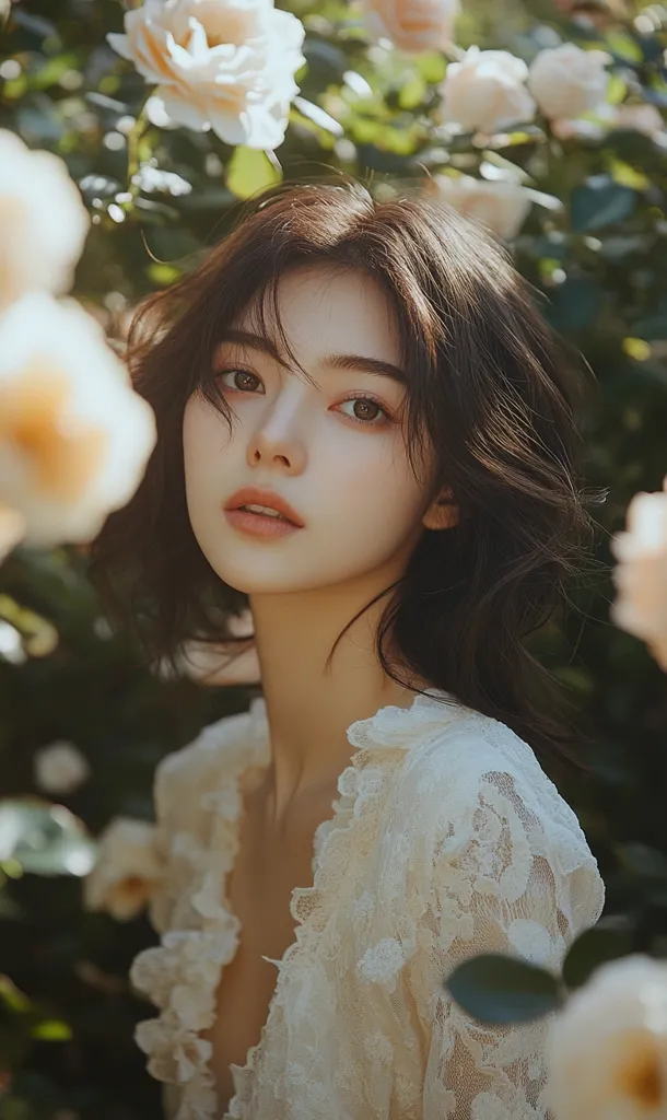 A young woman with long dark hair looks directly at the camera. She is wearing a delicate white lace dress with ruffles. Her expression is soft and thoughtful, and she is surrounded by a  blurry background of lush greenery and white roses. The sunlight casts a warm glow on her face, creating a dreamy and ethereal atmosphere.