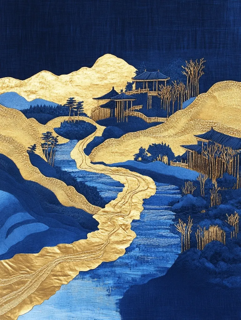 A vibrant landscape painting with a deep blue background. A golden river winds through a series of blue hills, dotted with trees and structures. The scene evokes a tranquil, serene atmosphere. The use of gold and blue creates a striking contrast, while the fine details and texture enhance the visual appeal.