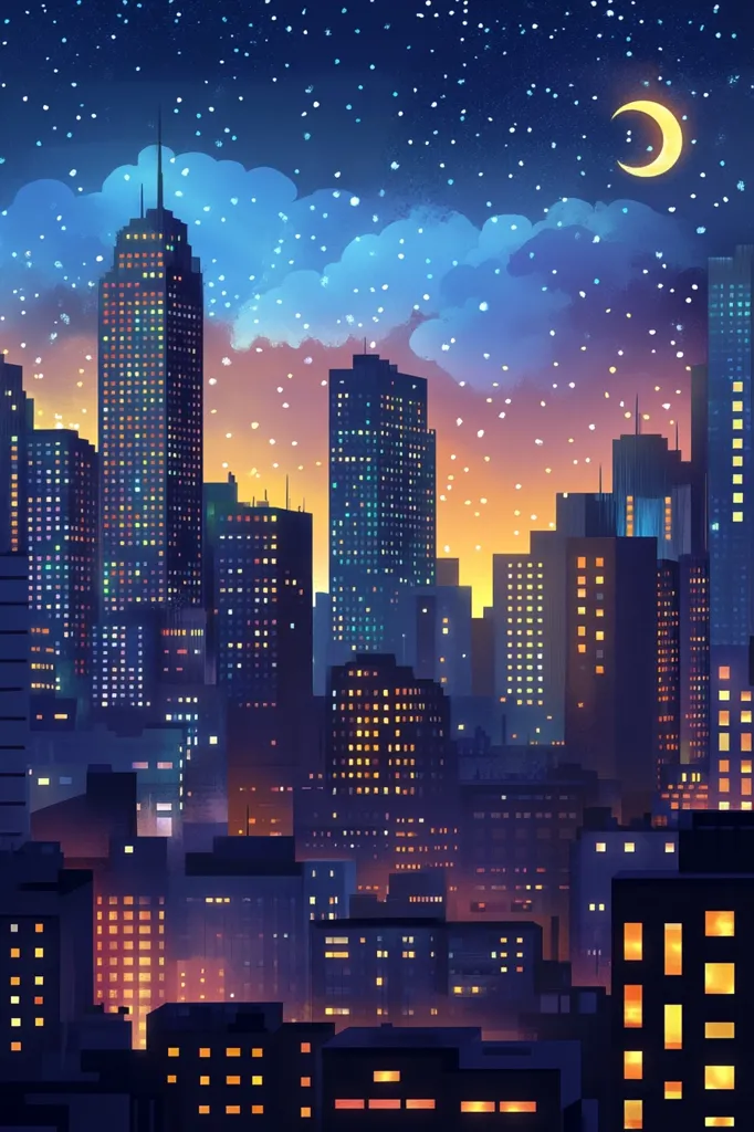 A city skyline at night, illuminated by the warm glow of streetlights and windows.  The tall buildings are silhouetted against a sky sprinkled with stars and a crescent moon. A faint blue haze hangs in the air, giving the image a dreamy and romantic feel.  The urban landscape creates a sense of both vastness and intimacy, with the twinkling lights evoking a feeling of life and vibrancy.