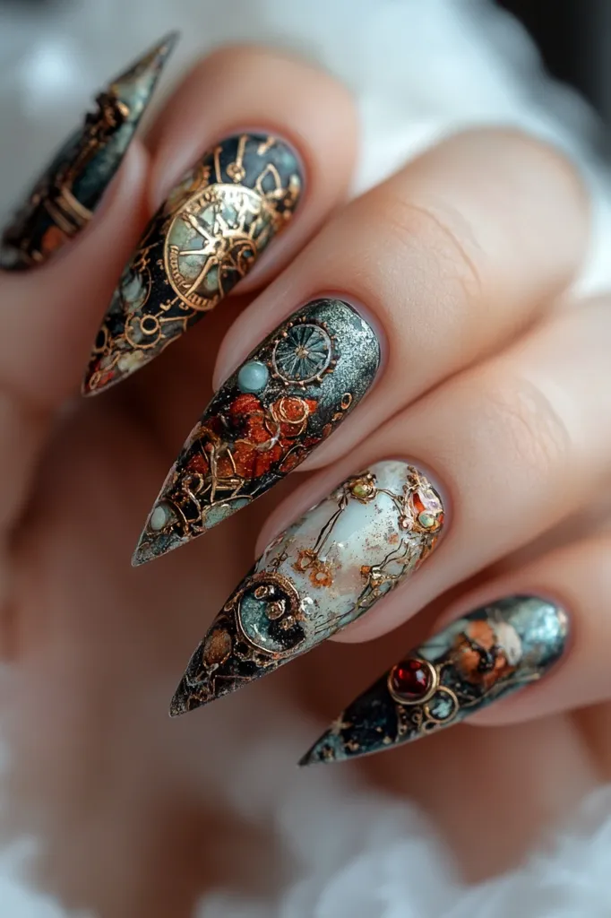 The image shows a hand with long, pointed nails, each adorned with intricate steampunk-inspired nail art. The nails are painted in shades of blue, green, and gold, and feature delicate designs that resemble gears, clocks, and other mechanical elements. The intricate details and metallic accents create a captivating and futuristic aesthetic. The nails are beautifully polished and showcase the artistry of the nail technician.