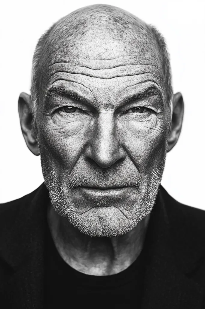 A black and white portrait of an older man with a shaved head and a salt and pepper beard. He is looking directly at the camera with a serious expression. He has deep lines around his eyes and mouth, showing the effects of time. He is wearing a black shirt.  The image focuses on his face and the details of his skin and features.  It is a close-up and the background is white.