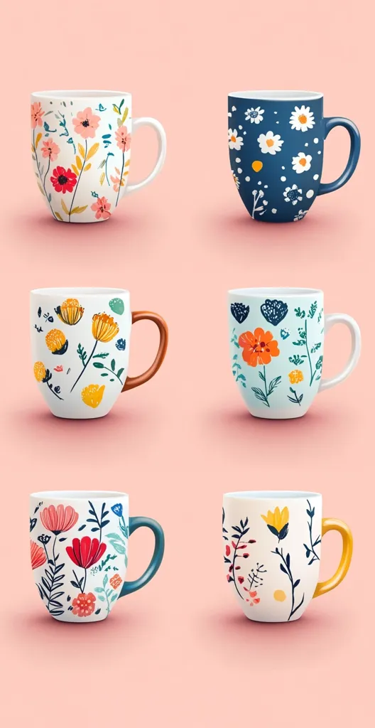 Six mugs with floral patterns are arranged in two rows of three on a pink background. The patterns are unique and include flowers, leaves, and geometric shapes. The mugs are all white with colorful designs. Some have a blue handle, one has an orange handle and one has a yellow handle.  They are all in focus and the background is a solid color.  The image is simple and clean, and it is appealing to the eye.