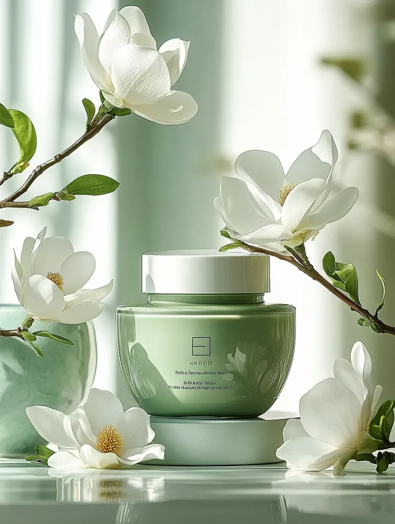 A green and white jar of face cream sits on a pedestal. It is surrounded by white magnolia flowers and a soft, green background. The jar is labeled "NN ROIR" and the words "Polishe + Brighten + Smooth Skin" are visible. The image has a clean, minimalist aesthetic with a focus on the beauty product.