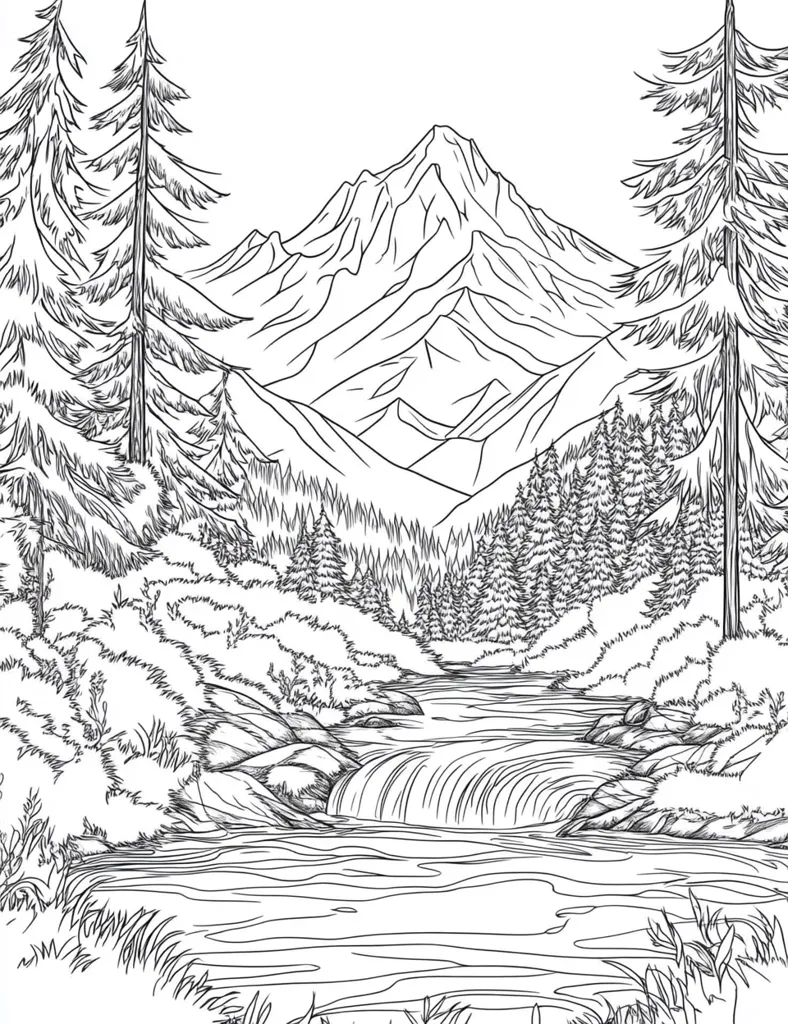 A black and white line drawing of a mountain landscape with a river flowing through it. Tall trees line the riverbanks, and a mountain range rises in the background. The river has a small waterfall and flows towards the viewer. The drawing captures the beauty and tranquility of nature.