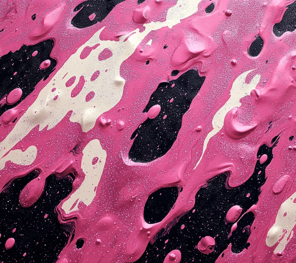 The image shows a close-up of a pink, black and white abstract painting. The pink paint is dominant, with black swirls and white streaks throughout. The paint has a textured, glittery appearance, adding depth and dimension to the abstract composition.
