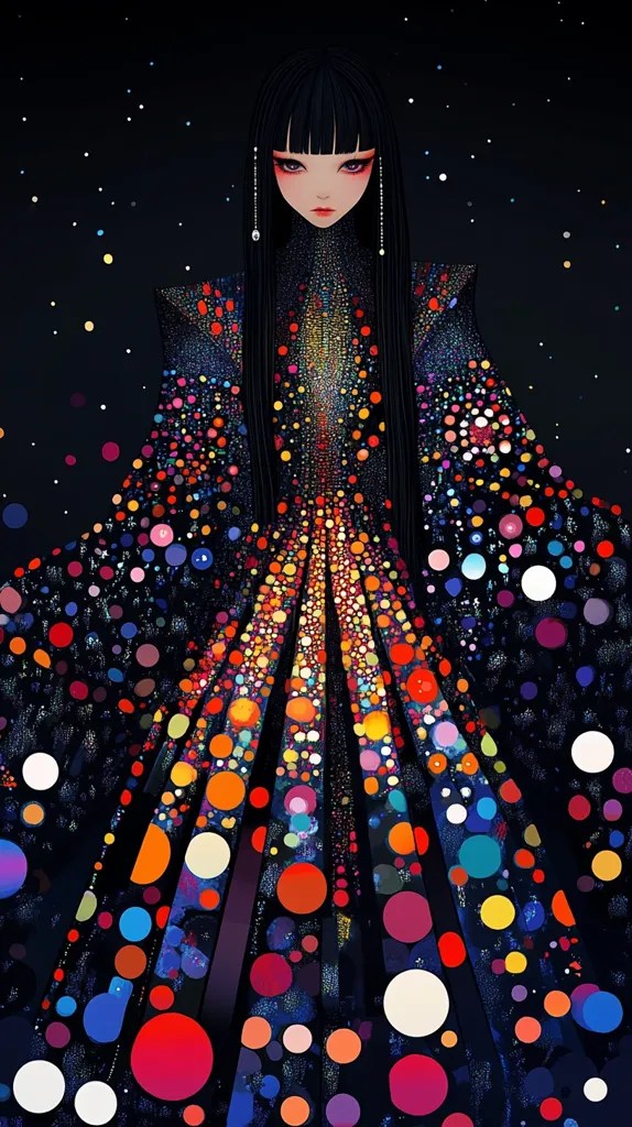 A young woman with long black hair and red eyes stands against a black background with a scattering of small white dots. She wears a long, flowing dress covered in colorful polka dots. The dress appears to have a deep-red bodice and a flowing skirt with black stripes covered in colorful dots. The background has a soft, starry look with a deep blue hue. The overall image evokes a sense of mystique and ethereal beauty.