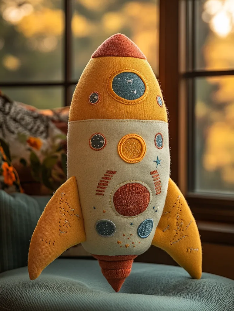 A soft, yellow and orange rocket-shaped plush toy sits on a light blue couch. The rocket is embroidered with details like stars, planets, and a sun. It is a whimsical and colorful toy. The rocket is sitting near a window with a blurry background.  The image evokes a sense of playfulness and imagination.