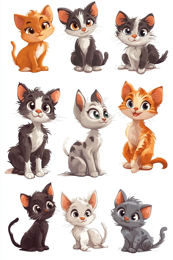 The image depicts nine adorable cartoon cats in various poses and color combinations. Some are sitting upright, while others are lounging or looking up curiously. They have big eyes, fluffy tails, and playful expressions. The cats are all drawn in a whimsical style with vibrant colors. The white background emphasizes the cuteness of the cats and their individual personalities.