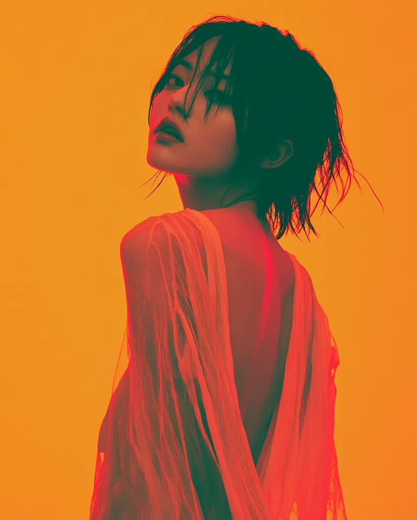 A woman with dark hair and a red-tinted sheer top stands against a vibrant orange background. Her back is to the camera, she is looking over her shoulder with a subtle smile, her lips are painted red.  She has a look of confidence and intrigue in her eyes. The warm tones and striking colors create a vibrant and captivating image.