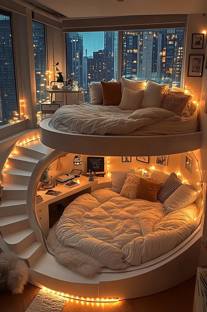 A cozy, circular bedroom with a bed and a desk. The bed is on a raised platform and has a fluffy white comforter and pillows. The desk is nestled underneath the bed, making the most of the space. String lights illuminate the room, adding a warm glow. The room is filled with soft furnishings and a sense of comfort and relaxation. A set of stairs lead to the upper level. The windows overlook a cityscape.  The overall mood is one of peace and tranquility.