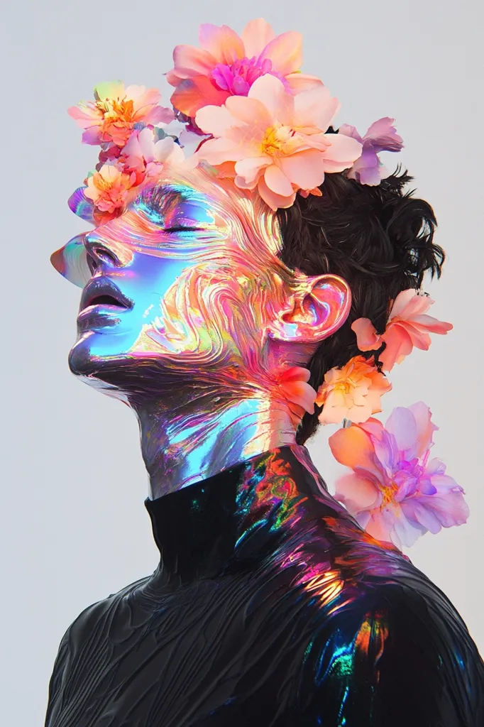 A person with a holographic face and black clothing is adorned with a crown of pastel pink flowers. The face is iridescent, capturing the light in a multitude of colors. The flowers are soft and delicate, a stark contrast to the futuristic aesthetic of the person. The image is a mix of beauty and science fiction, creating a surreal and dreamlike atmosphere.
