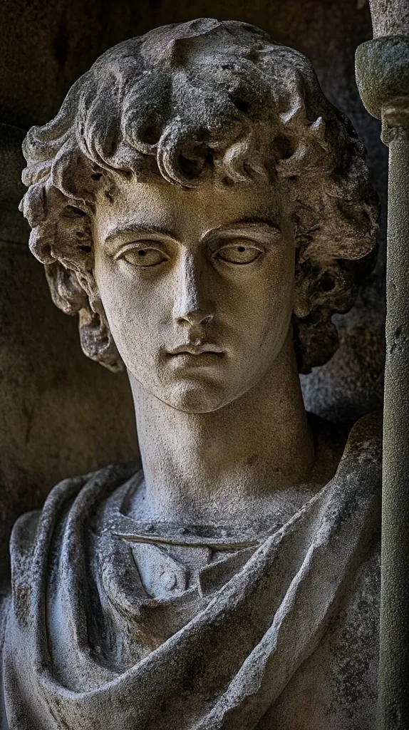 A close-up of a stone statue of a young man with curly hair, a sorrowful expression, and a draped cloth garment.  The statue appears to be weathered and worn, with details etched into the stone. The statue is set against a dark background, creating a sense of mystery. The detail of the sculpture suggests it is a work of art.  The stone has a cool, textured appearance, highlighting the skill of the artist.