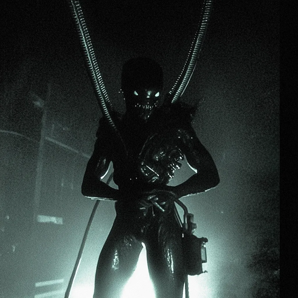 The image depicts a dark, shadowy figure in a dimly lit environment.  The figure has a menacing appearance, with sharp teeth and piercing eyes.  The figure is surrounded by tubes and wires, which suggest a mechanical or cybernetic nature.  The overall atmosphere is eerie and unsettling.