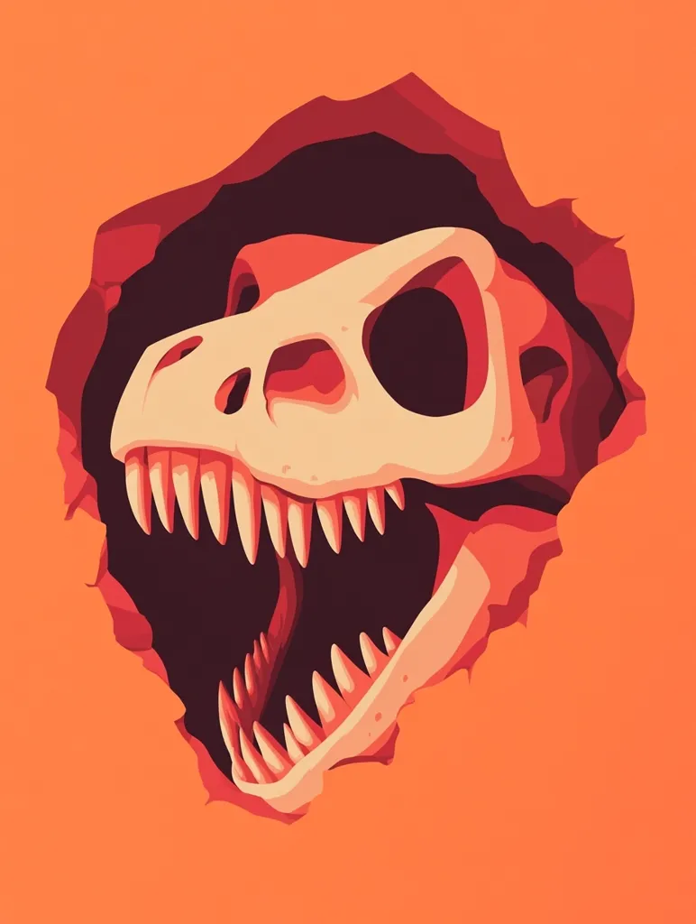 The image shows a dinosaur skull with its jaw wide open, revealing rows of sharp teeth. The skull is partially visible through a hole in a bright orange background, creating a sense of danger and anticipation. The image is stylized and uses bold colors, making it an eye-catching and visually striking composition.