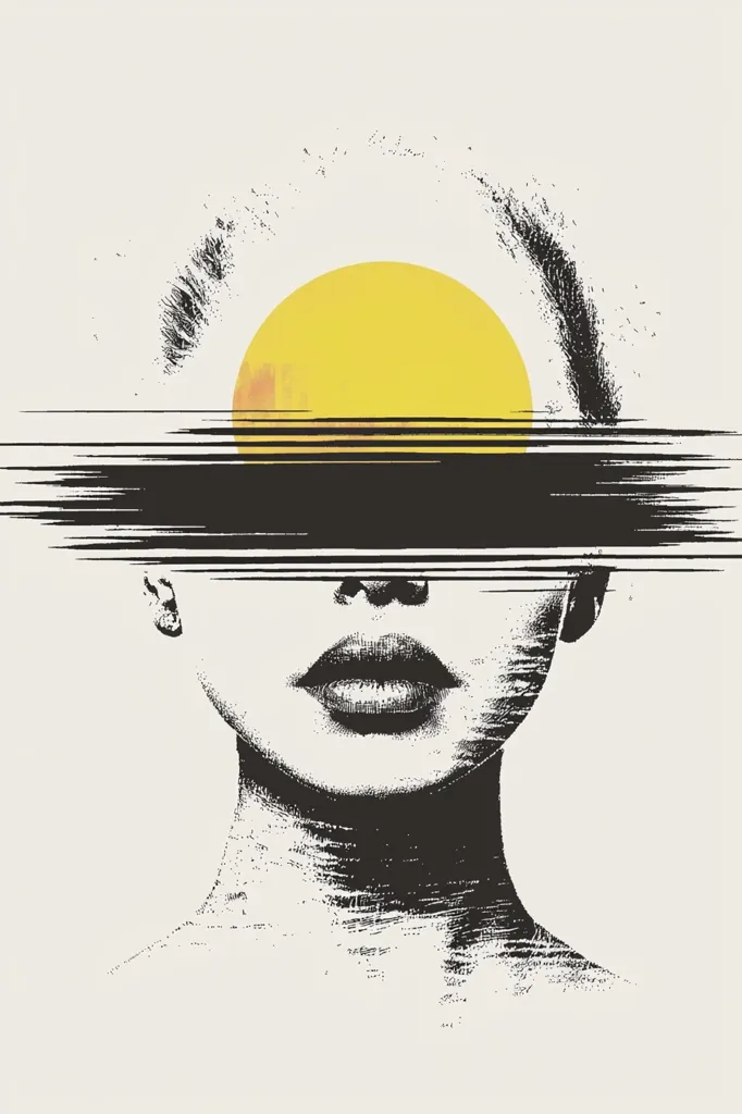 A black and white illustration of a woman's face with a large yellow circle behind her head.  The woman's eyes are obscured by a thick black horizontal line. The image is stylized and abstract, and it evokes a sense of mystery and intrigue.  The yellow circle looks like the sun, possibly suggesting the woman is being blinded by the light.