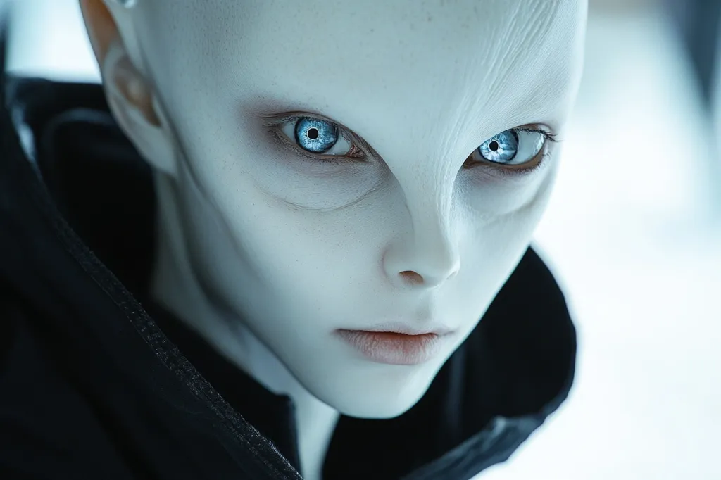 The image shows a close-up of a person with pale, almost white skin and large, blue eyes. Their expression is serious and their lips are slightly parted. The person is wearing a dark, hooded garment that partially obscures their face. The background is blurred, highlighting the subject's features. The overall impression is one of mystery and intrigue.