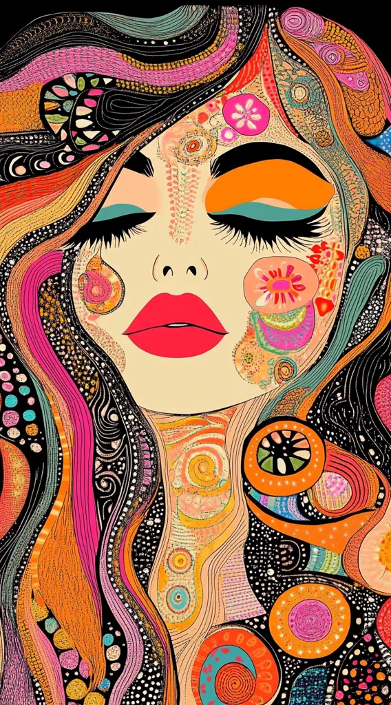 A colorful and abstract illustration of a woman’s face. Her long hair flows around her face and is covered in intricate swirls and dots in pink, orange, and yellow. Her eyes are closed, and she has red lips and an elaborate design of circles and flowers around her eyes. The background is black.