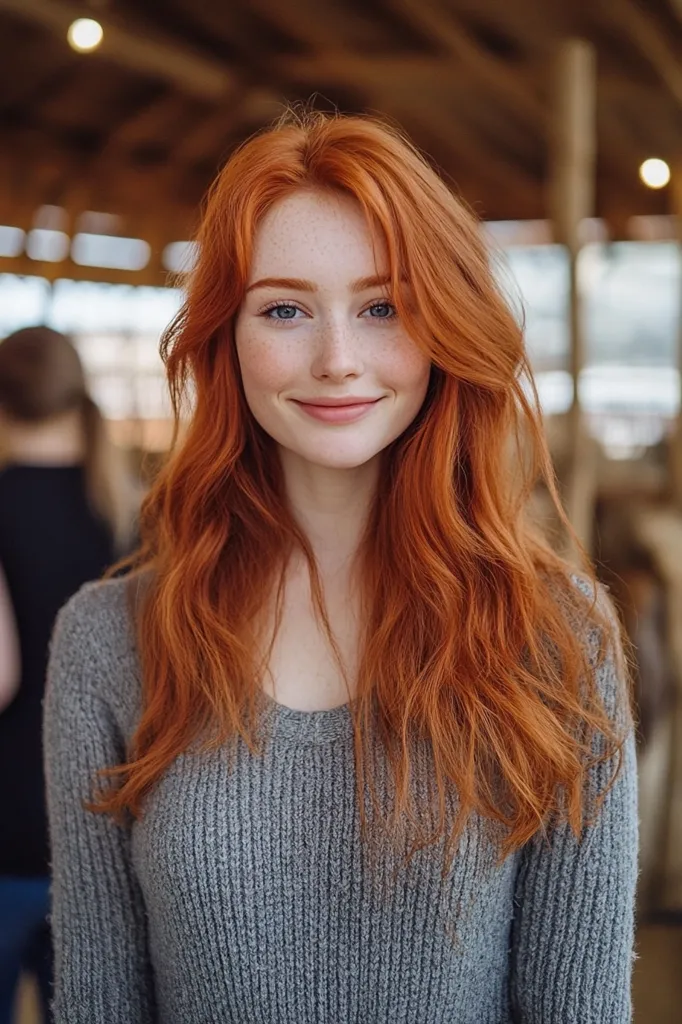 A young woman with long, wavy, bright red hair is smiling softly at the camera. She has freckles on her face and is wearing a gray, knitted sweater. The background is blurred, showing a wooden structure and another person in the distance. The image is well-lit and has a warm, natural feel.