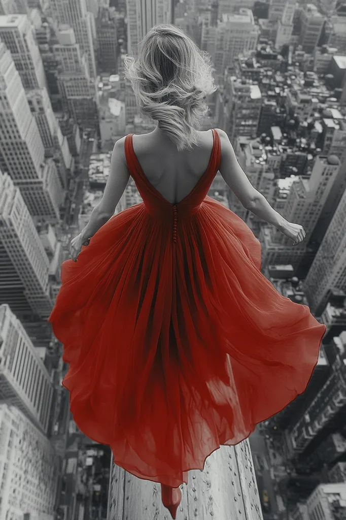 A woman in a flowing red dress stands on a rooftop overlooking a sprawling city. Her blonde hair blows in the wind and her dress billows around her, creating a dramatic contrast against the black and white cityscape. The image evokes a sense of freedom, elegance, and a longing for adventure.