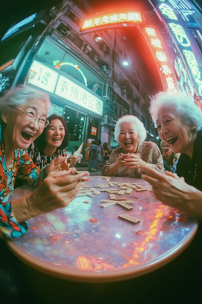 Three elderly women sit at a round table in a brightly lit street, laughing as they play a game. They are surrounded by neon signs and the city lights, creating a vibrant atmosphere. The women are dressed in casual clothing and appear to be enjoying their time together. The image captures a moment of joy and camaraderie in a bustling urban setting.