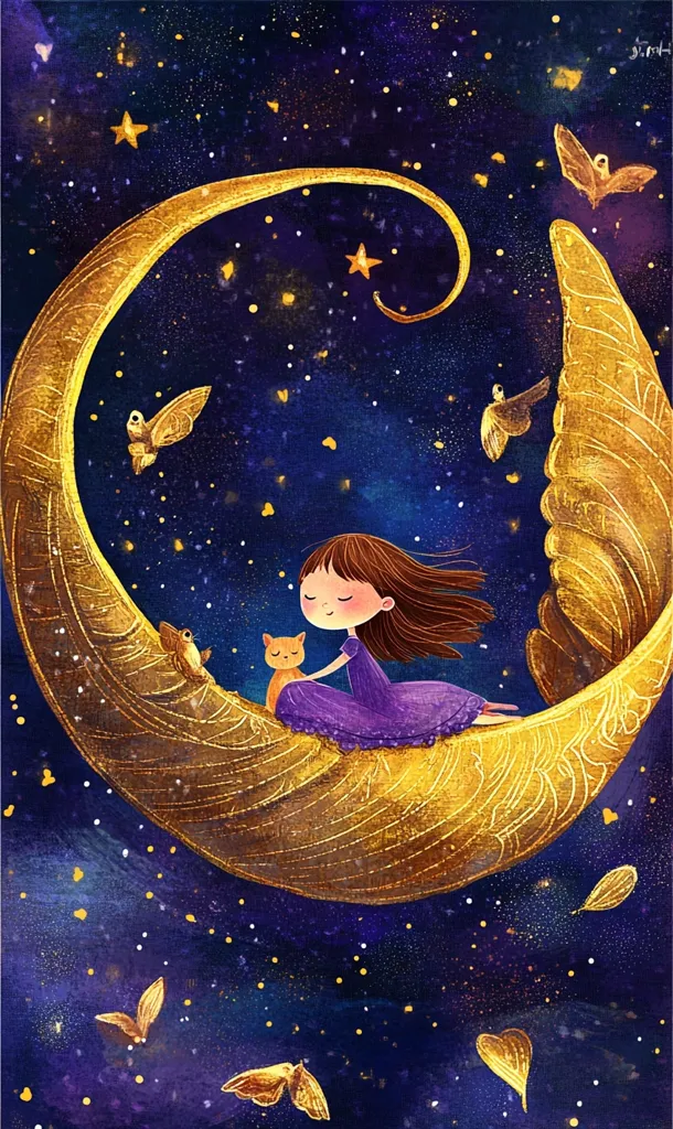 A young girl with long brown hair sits on a crescent moon shaped like a wing, accompanied by a small orange cat. The moon is golden and the background is a deep blue with stars and a few butterflies. The girl wears a purple dress and has a peaceful expression on her face. The scene is whimsical and evokes a sense of tranquility and dreaminess.