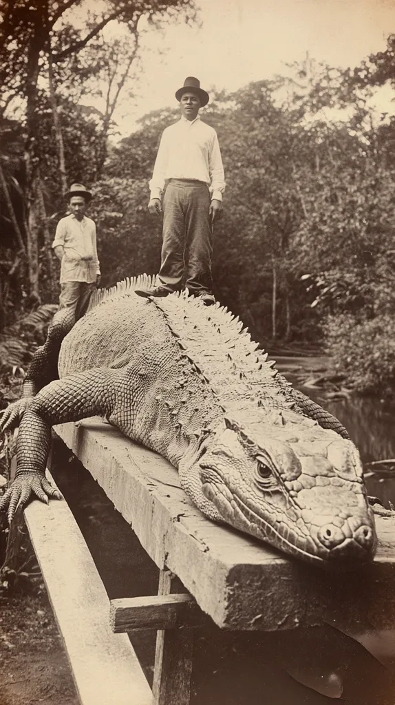 A large lizard, possibly a Komodo dragon, lies on a wooden platform. Two men, one wearing a hat, stand near the lizard's head. The photo appears to be an old sepia-toned print, and the scene is likely from a zoo or other wildlife exhibit. The background shows trees and foliage, suggesting a tropical or subtropical environment. The lizard is the focal point of the image, its size and scale dominating the scene.
