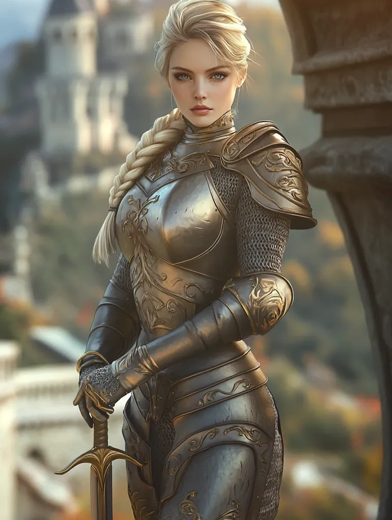 A beautiful, blonde woman clad in intricately engraved, silver armor stands with a sword at her side. Her expression is serious, and her gaze is unwavering. She wears a long braid, and her armor is adorned with intricate floral designs. The background is blurred, suggesting a medieval setting. The image portrays a strong and confident warrior woman.