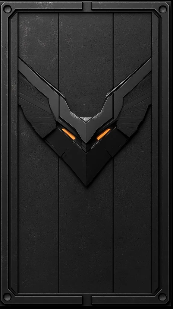 The image shows a black metal panel with a raised, stylized creature design. The creature has a pointed head, two large wings, and glowing orange eyes. The panel is bordered by a thick, black frame, giving it a futuristic and slightly menacing look. The overall effect is one of sleekness and power.