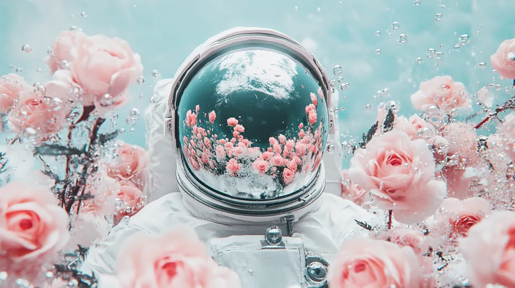 A surreal image of an astronaut's helmet surrounded by pink roses and bubbles. The reflection in the helmet shows a field of flowers, creating a dreamy and ethereal atmosphere. The juxtaposition of the astronaut's helmet and the delicate roses creates a sense of wonder and imagination. The overall image is visually striking and invites viewers to ponder the relationship between the natural world and space exploration.