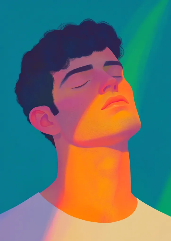 The image is a digital illustration of a man's face. He is looking up with his eyes closed, and his skin is bathed in a warm, orange glow. The background is a vibrant teal with a hint of green, creating a striking contrast with the man's skin. The image evokes a sense of peace and tranquility. The style of the illustration is minimalist and focused on capturing a mood rather than realistic details.