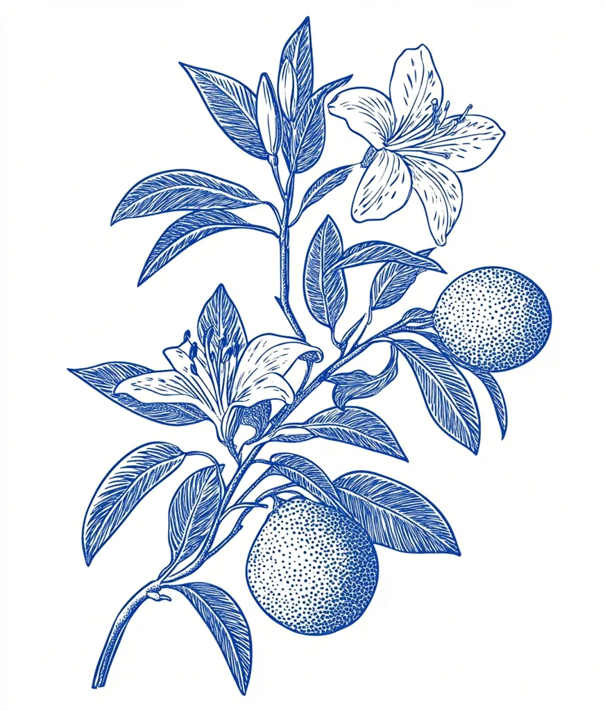 A detailed blue line drawing of a citrus tree branch with two oranges and two lilies. The leaves are intricate with veined detail and the flowers are delicate with a stylized look.  The oranges are round and textured. The overall effect is elegant and botanical.