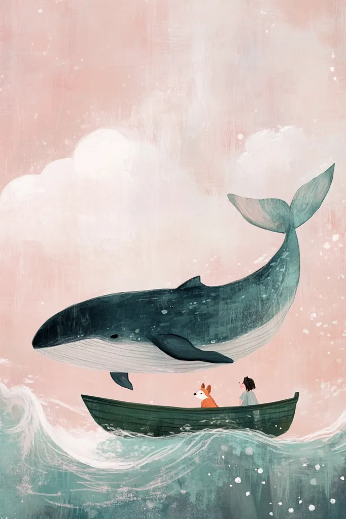 A large blue whale swims above a small wooden boat. A girl with long dark hair sits in the boat with a small fox. The sky is a soft pink with a white cloud. The sea is blue-green and foamy. The painting has a whimsical and dreamlike quality.