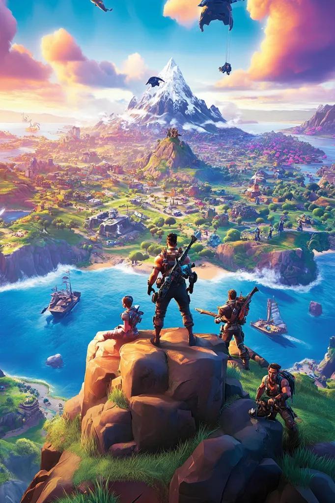 The image depicts a vibrant, colorful landscape from a popular video game. The scene features a group of four characters standing on a rocky cliff overlooking a vast, turquoise ocean. A snow-capped mountain rises in the distance, and the sky is painted with shades of pink, orange, and blue.  The characters are dressed in futuristic combat gear, suggesting they are engaged in some kind of battle.  A flying ship soars overhead, hinting at the game's adventurous nature.  The overall aesthetic is one of action, excitement, and a sense of adventure.