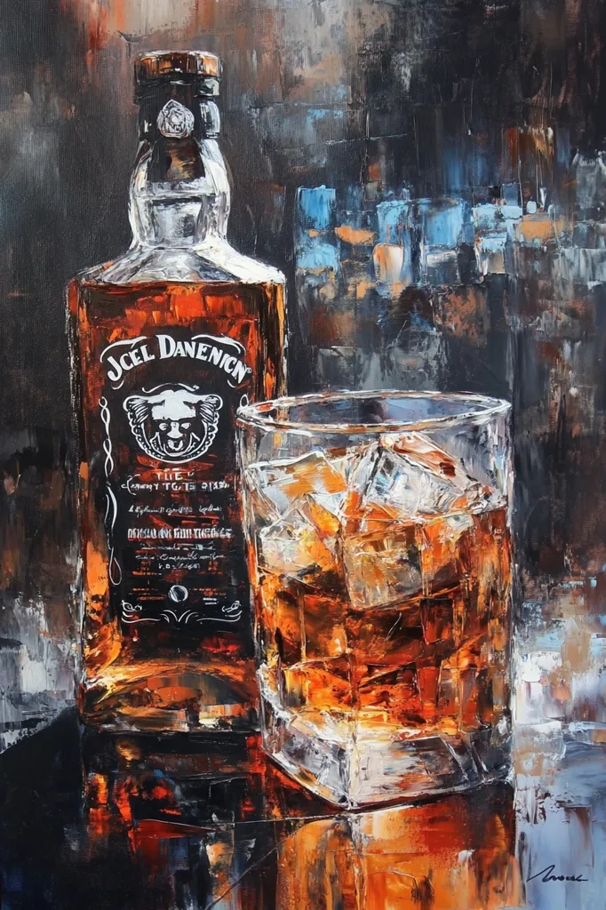 The painting is a still life with a bottle of Jack Daniel's whiskey and a glass of whiskey on the rocks. The bottle and glass are both full and the ice cubes are visible in the glass. The background is dark and blurry, creating a sense of depth. The painting is done in a loose, expressive style with thick brushstrokes. The colors are warm and inviting, giving the painting a sense of cozy intimacy.