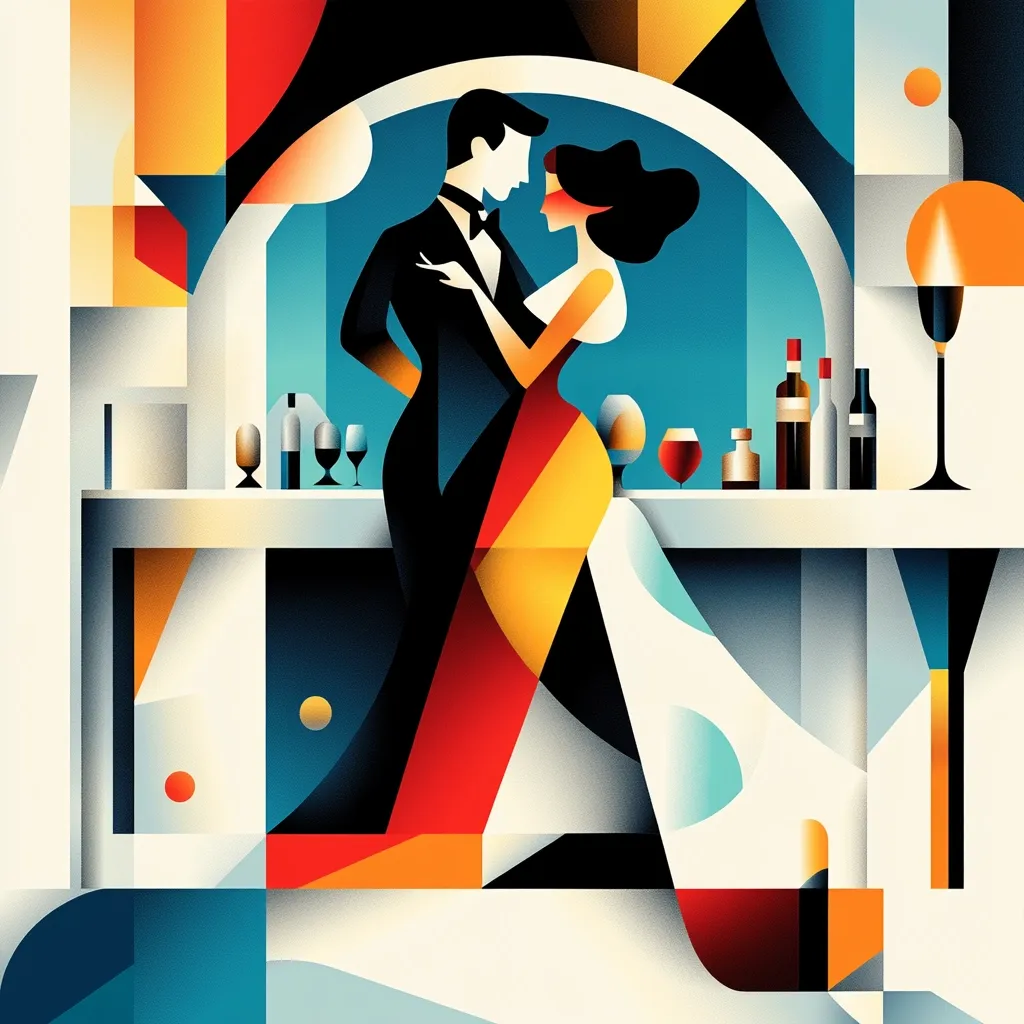 The image is a stylized illustration of a couple dancing in a bar. The man is in a black suit, and the woman is wearing a red and yellow dress. The scene is set in an abstract, geometric bar with a white counter and bottles of liquor. The background is a vibrant blue. The image is bold and colorful, with sharp lines and geometric shapes. It has a modern, almost Art Deco feel.