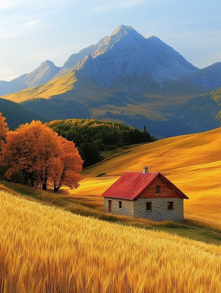 A small stone cottage with a red roof sits nestled in a golden field of wheat. A single tree with vibrant orange leaves stands nearby. The cottage is positioned in the foreground, with rolling hills and a towering mountain range in the background. The sky is a soft blue with a hint of pink from the setting sun. The scene evokes a sense of peace and tranquility, captured in the soft light and the idyllic countryside setting.
