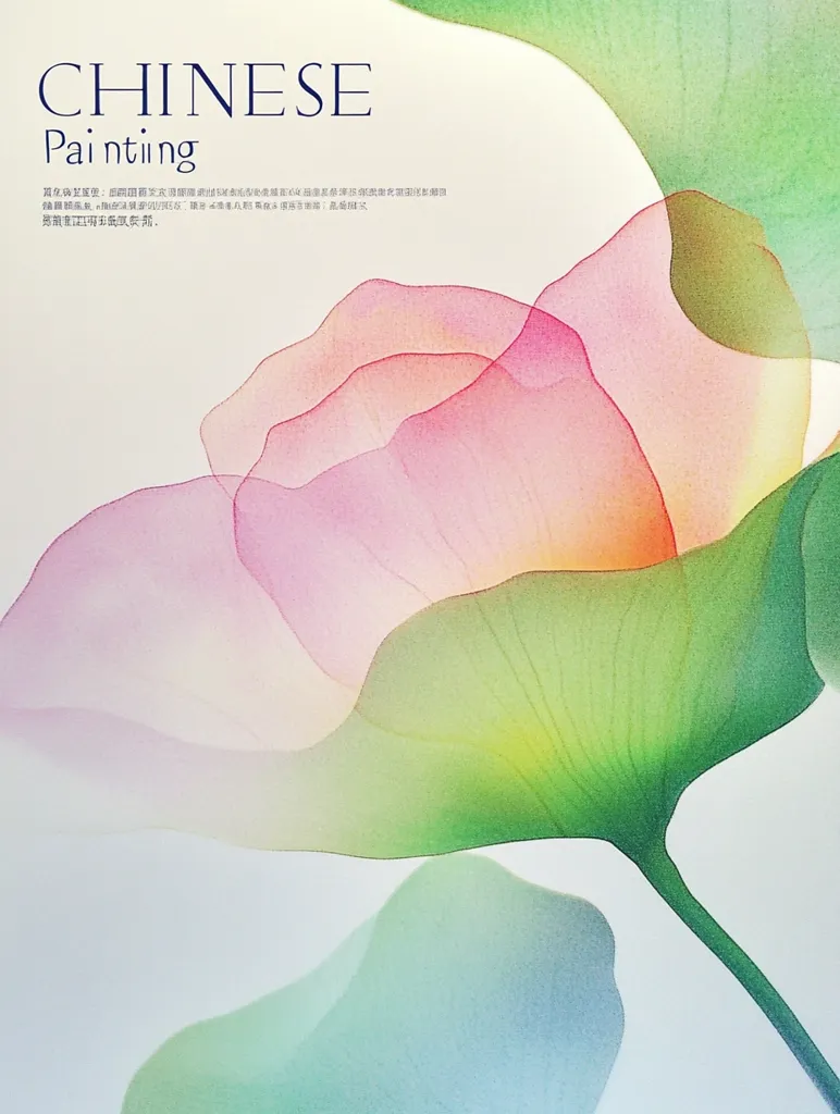 The image is a watercolor painting featuring a large, pale pink flower with delicate, translucent petals, set against a backdrop of leafy greens. The leaves are rendered in a similar, airy style, with subtle gradients of green and yellow. The painting evokes a sense of serenity and gentle beauty, reminiscent of traditional Chinese art. The title "CHINESE Painting" is prominently displayed, suggesting the artwork's inspiration from the artistic traditions of China.  The subtle text at the top appears to be in Chinese, further reinforcing this theme.