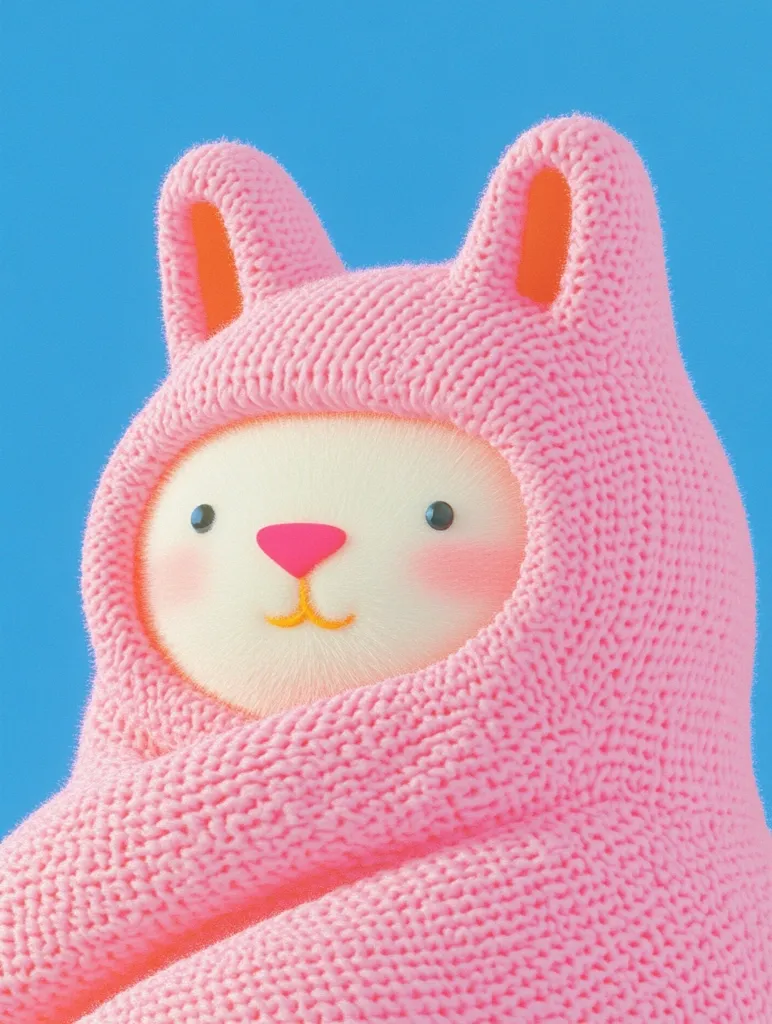 The image shows a close-up of a plush toy, resembling a bunny, wrapped in a pink knitted blanket. Its large, round eyes and a small, pink nose peek out from the cozy embrace of the blanket. The bunny's soft, fuzzy texture and the warm tones of the image create a sense of comfort and cuteness.  The blue background provides a vibrant contrast to the soft pink of the bunny, highlighting its charm.