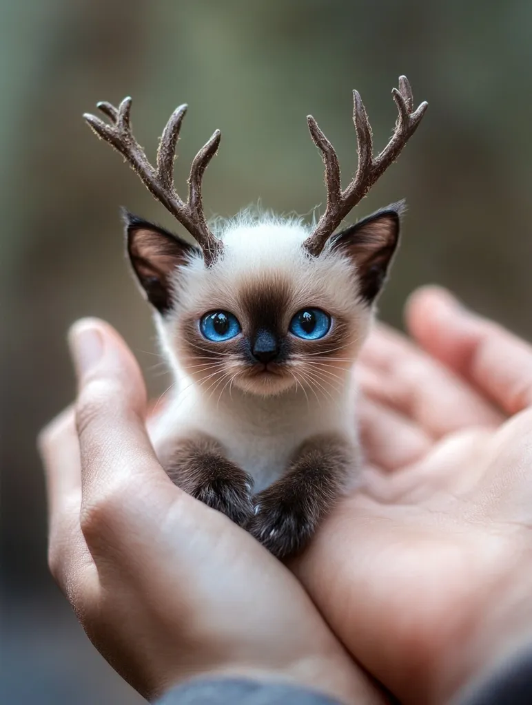 A small, white kitten with large blue eyes is being held in two hands. The kitten has a pair of brown, deer antlers on its head. The kitten looks adorable and innocent, with soft fur and delicate features.  The photo is taken in a blurry background, likely outdoors. The light is soft and the overall tone is whimsical.