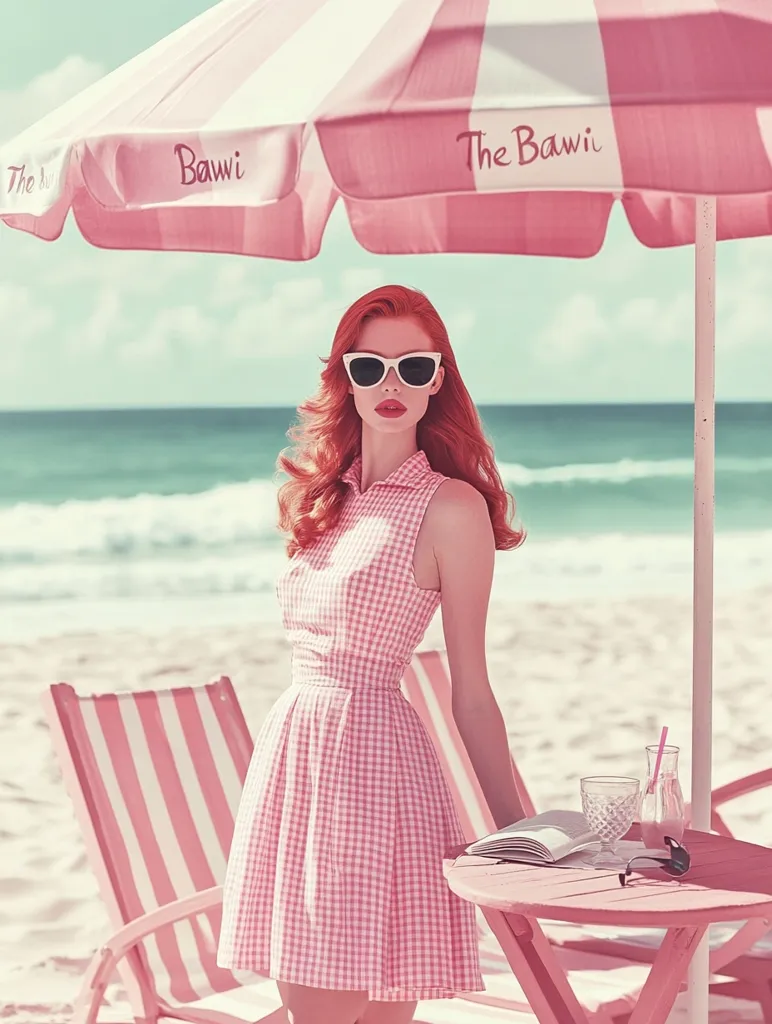 A young woman in a pink gingham dress and sunglasses stands under a pink and white striped beach umbrella. She leans against a pink and white striped beach chair. A book and sunglasses sit on a pink table in front of her. The beach is in the background.  The image is a classic vintage aesthetic.