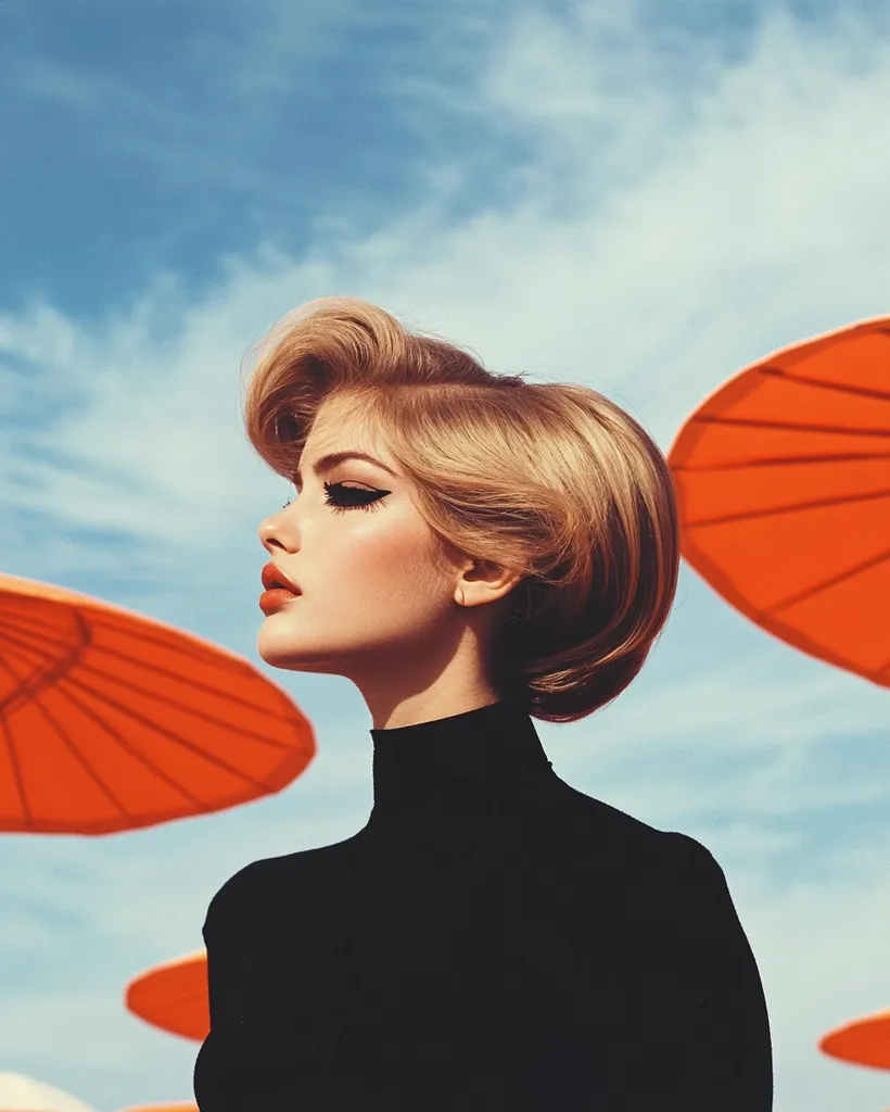 A woman with blonde hair styled in a bouffant wears a black turtleneck sweater. She stares intensely to the side, her red lipstick adding a pop of color. In the background, several large, bright orange umbrellas stand against a blue sky. The image evokes a sense of vintage glamour, with a stark contrast of colors and sharp lines.